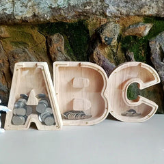 Wooden Piggy Bank Coin Jar DIY Storage Jar Alphabet Coin Bank