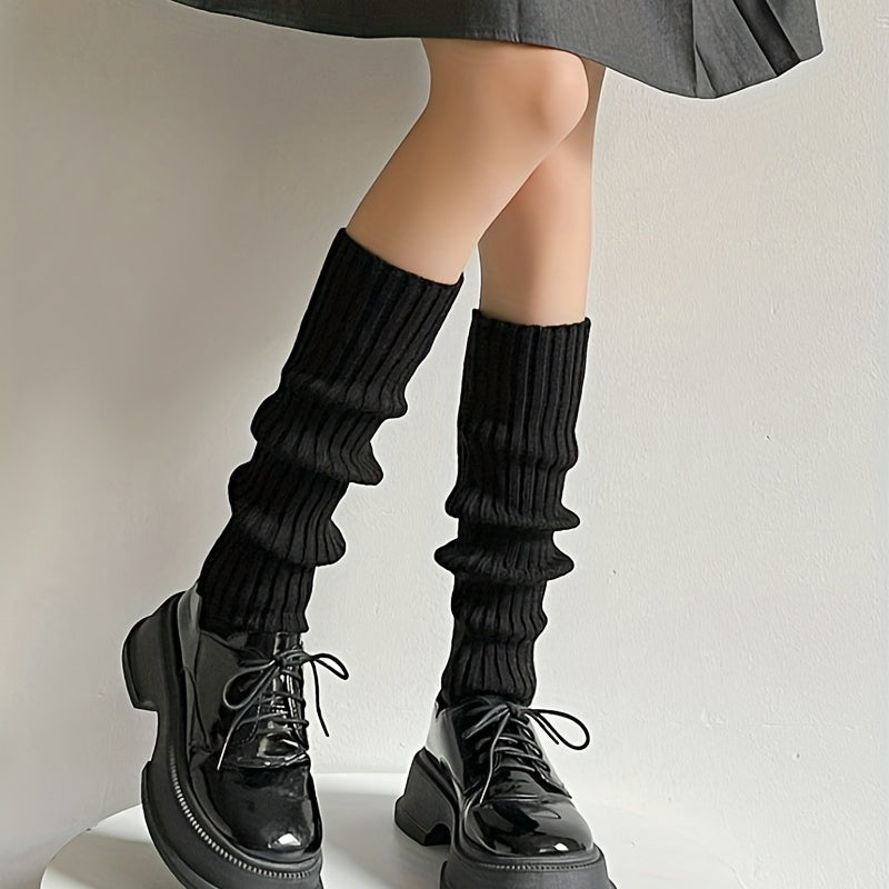 Solid Rib Knit Leg Warmers Soft Knee High Socks Women's Stockings