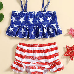 2pcs Baby Girls Star Print Camisole Top & Striped Shorts Swimsuit