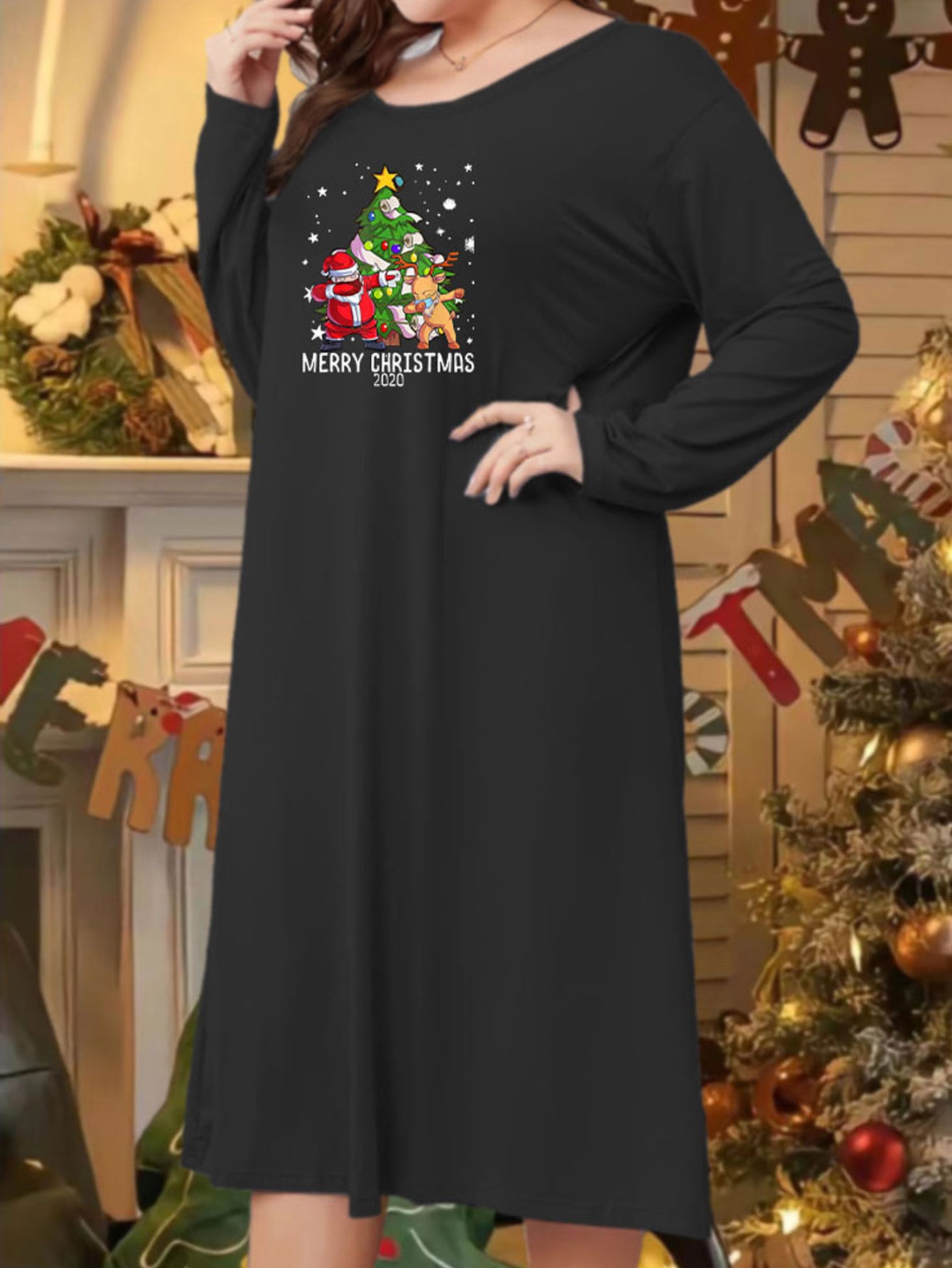 Christmas Lounge Dress Women's Plus Santa & Reindeer Tee