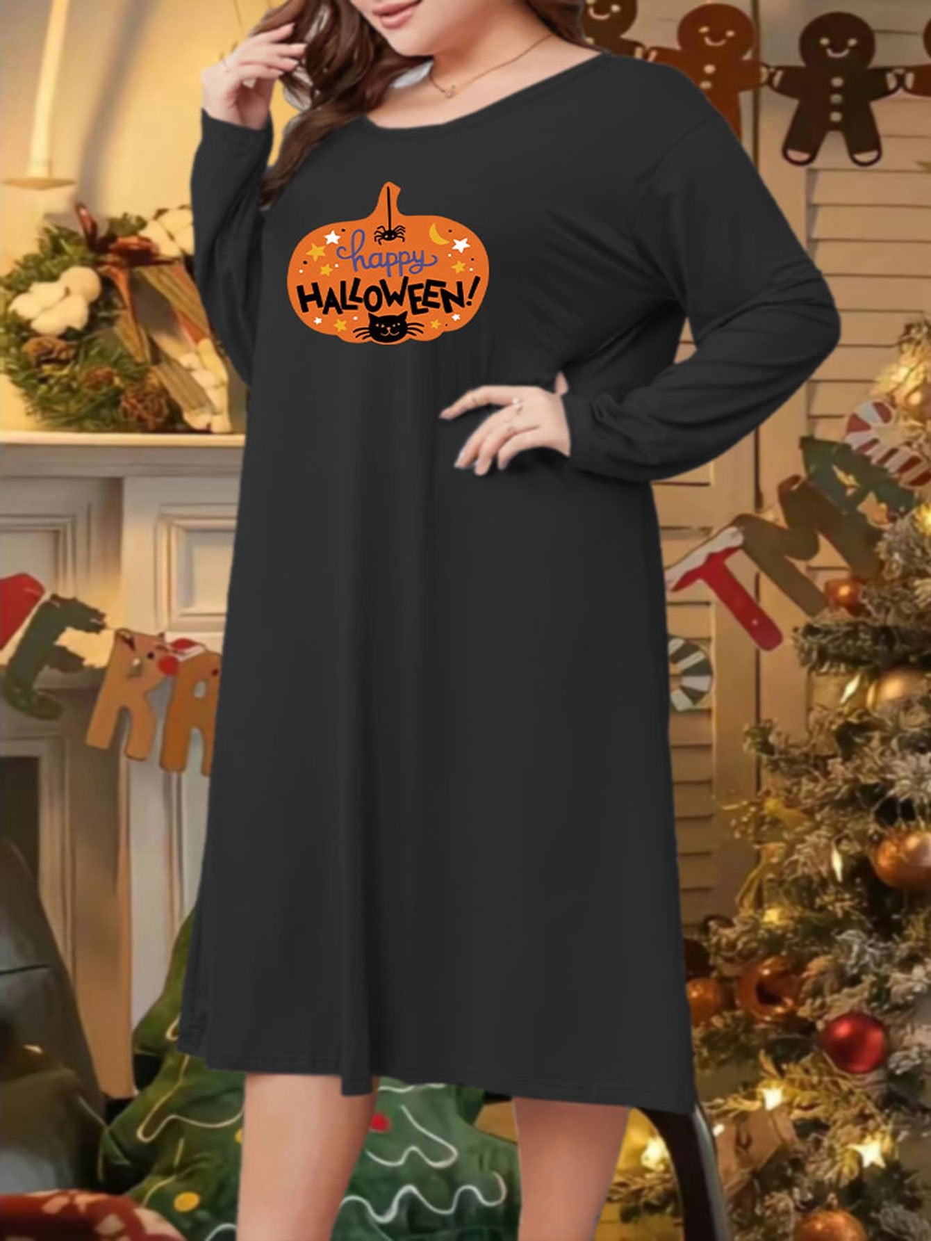 Halloween Casual Loungewear Dress Women's Plus Pumpkin & Spider Print