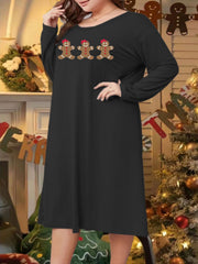 Gingerbread Man Print Long Sleeve Round Neck Sleep Dress