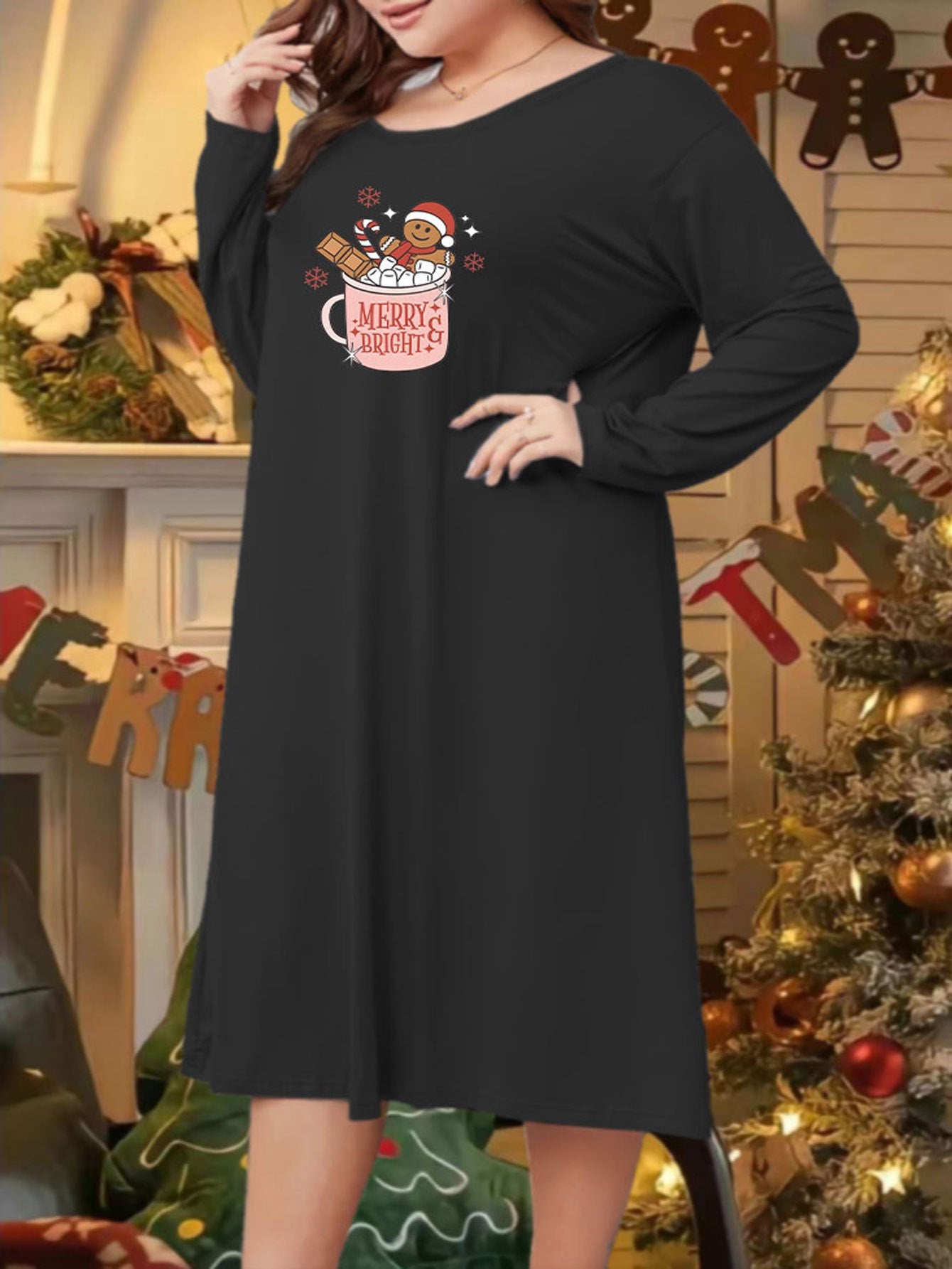 Gingerbread Man & Drink Print Long Sleeve Tee Sleep Dress