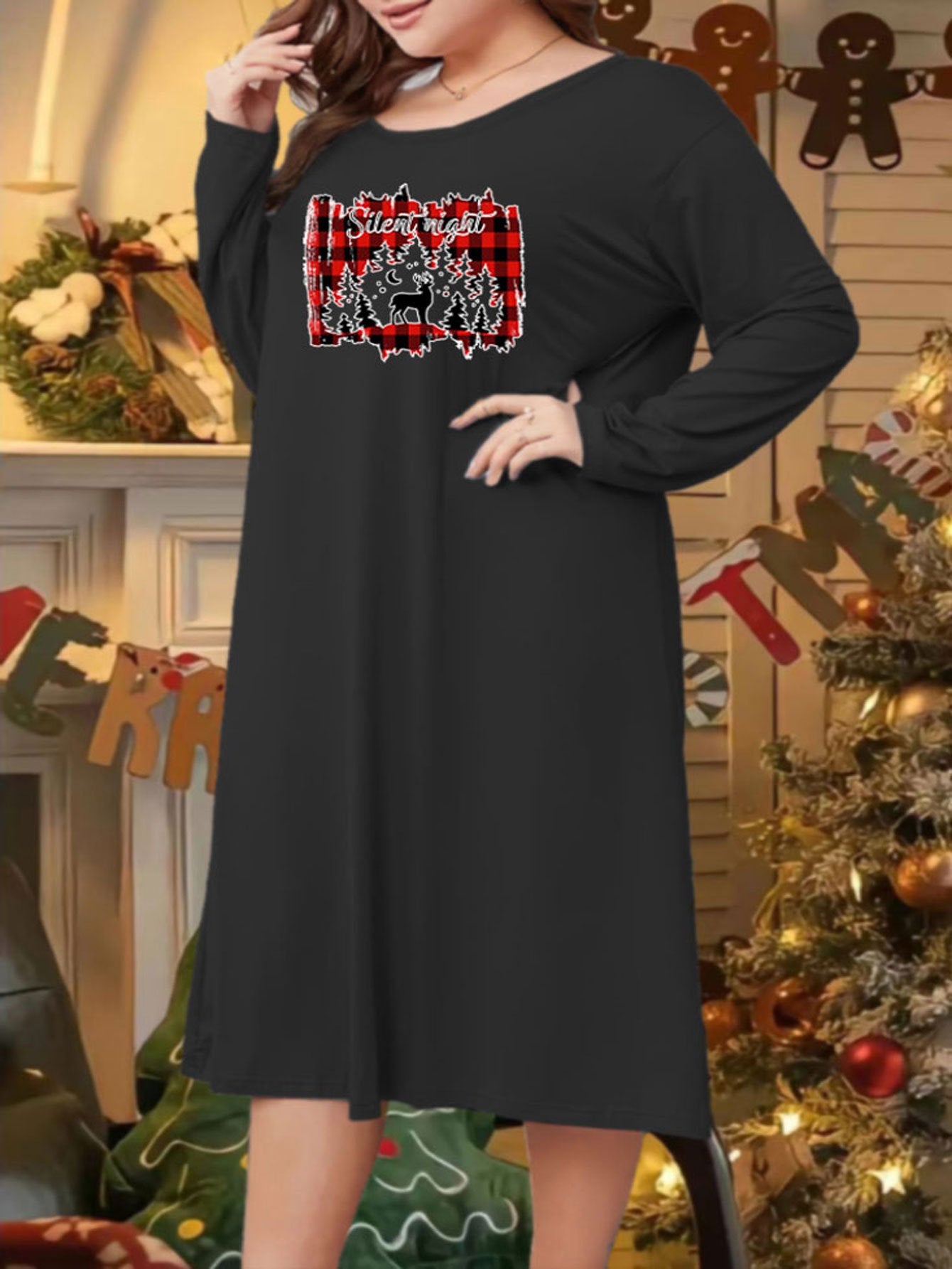 Christmas Casual Loungewear Dress Women's Plus Plaid & Elk Print