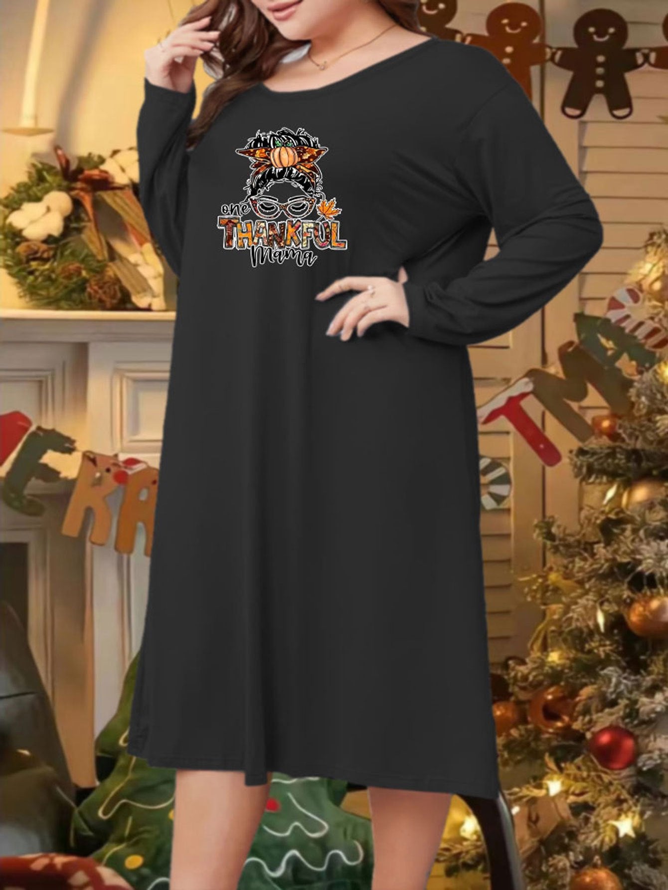 Lounge Dress Women's Funny Print Long Sleeve Tee Sleep Dress