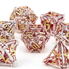 7pcs Silvery Red Leaf Flower Metal Dices Hollow Metal Polyhedral Dice Set