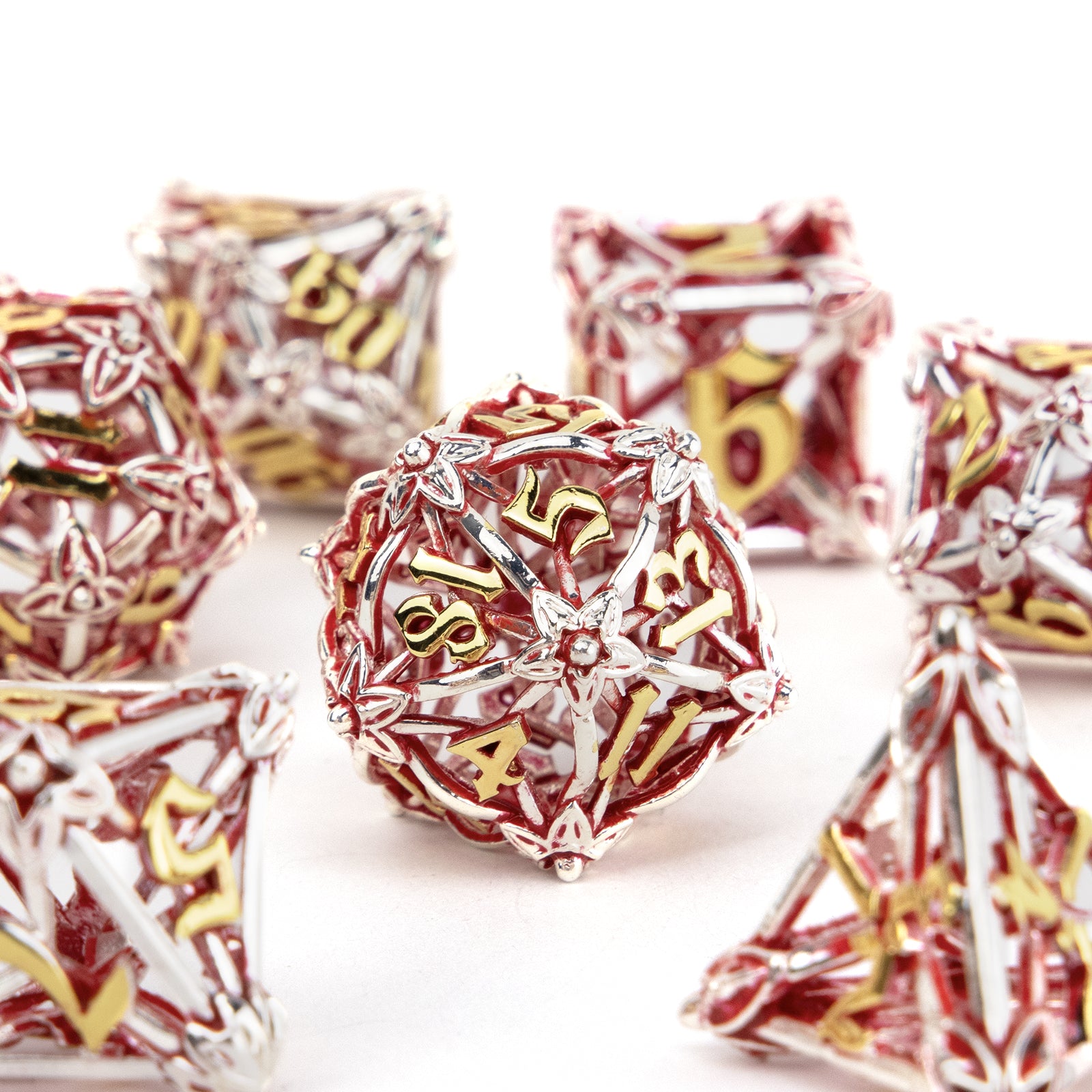 7pcs Silvery Red Leaf Flower Metal Dices Hollow Metal Polyhedral Dice Set