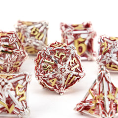 7pcs Silvery Red Leaf Flower Metal Dices Hollow Metal Polyhedral Dice Set