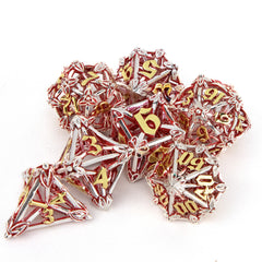 7pcs Silvery Red Leaf Flower Metal Dices Hollow Metal Polyhedral Dice Set