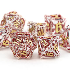 7pcs Silvery Red Leaf Flower Metal Dices Hollow Metal Polyhedral Dice Set