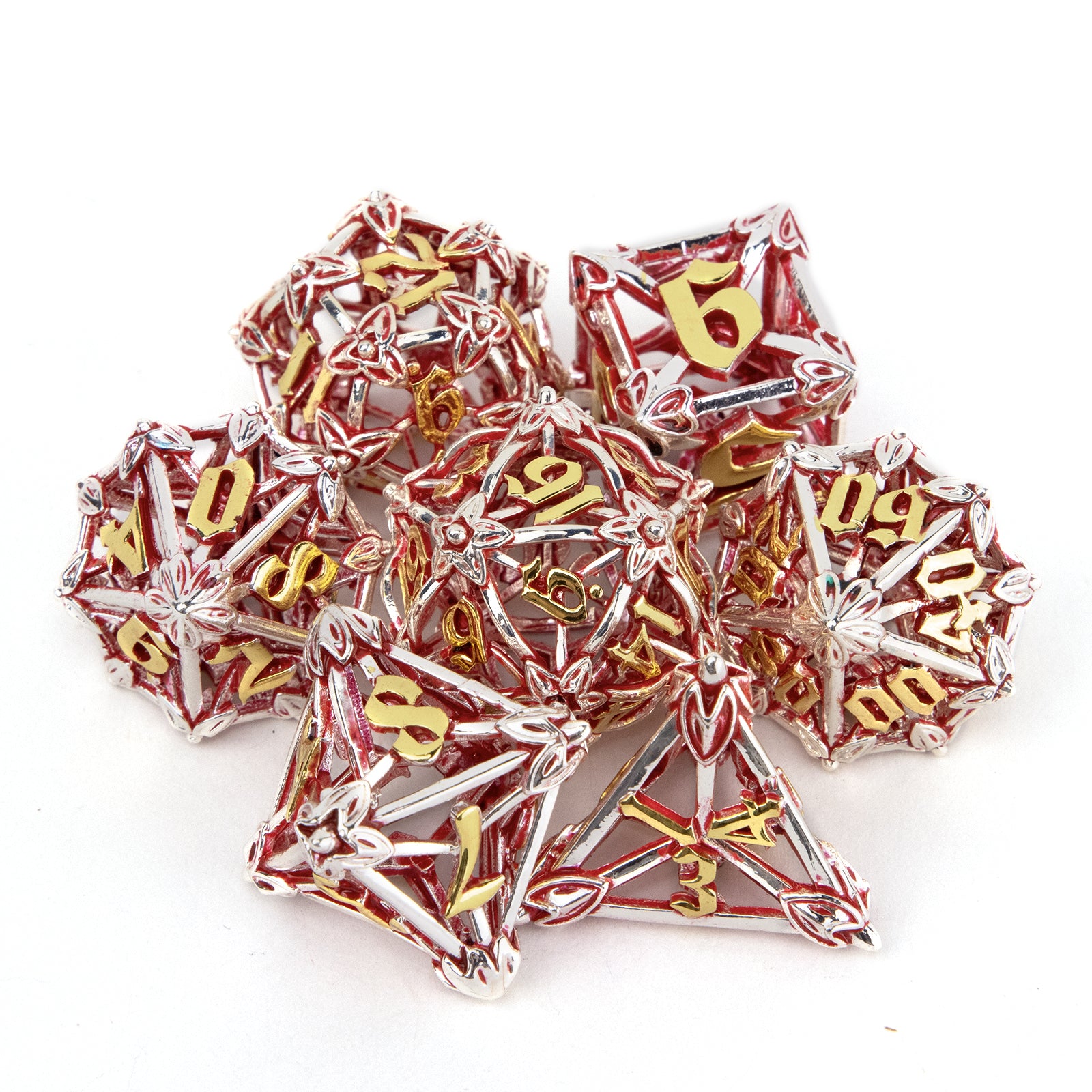 7pcs Silvery Red Leaf Flower Metal Dices Hollow Metal Polyhedral Dice Set