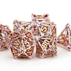 7pcs Silvery Red Leaf Flower Metal Dices Hollow Metal Polyhedral Dice Set