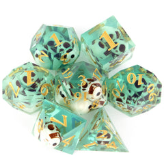 7pcs Green Skull Resin Golden Number Sharp Edge Dices for Role Playing