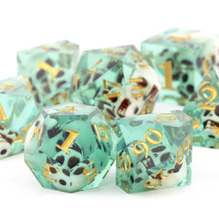 7pcs Green Skull Resin Golden Number Sharp Edge Dices for Role Playing