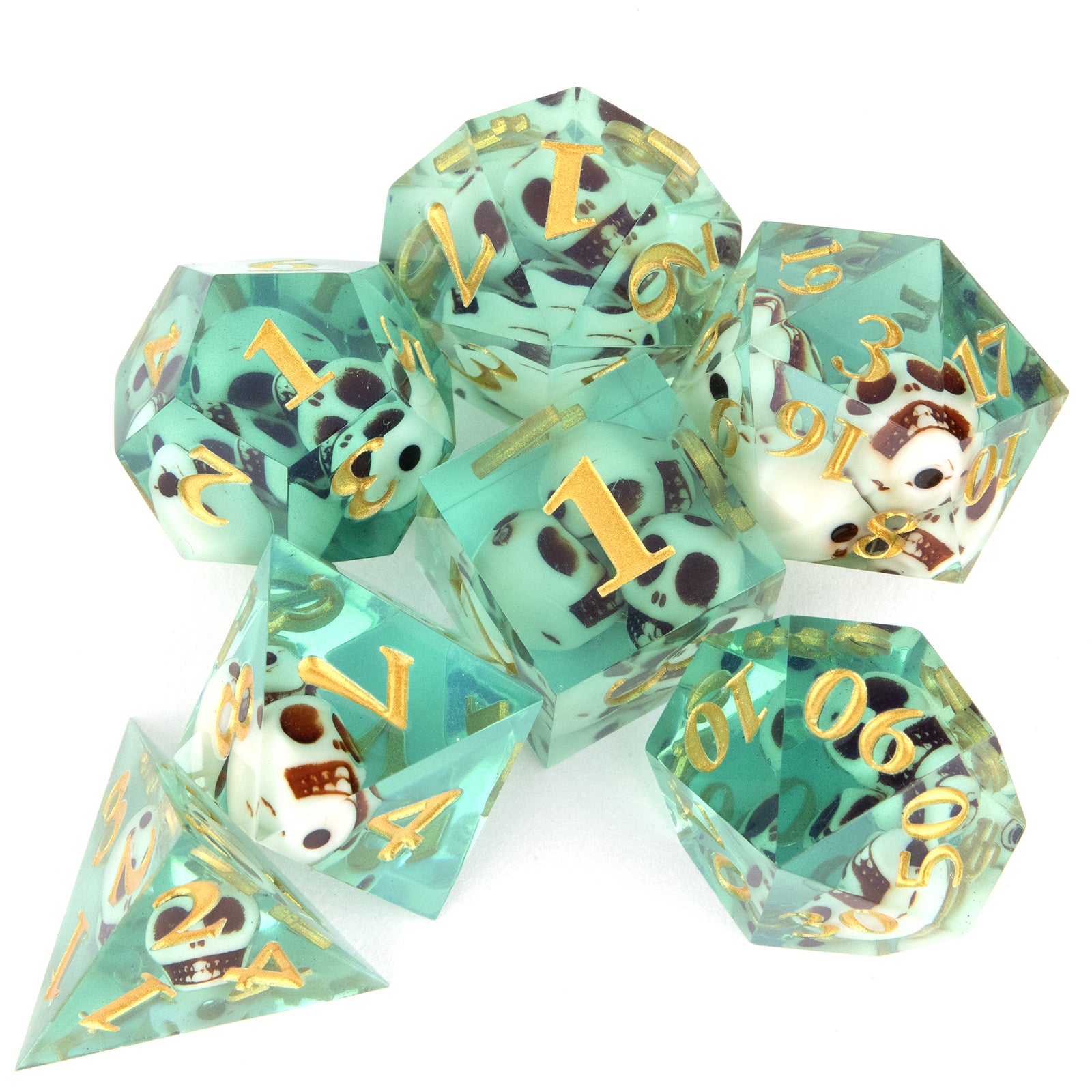 7pcs Green Skull Resin Golden Number Sharp Edge Dices for Role Playing