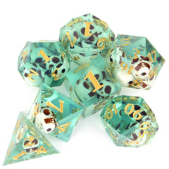7pcs Green Skull Resin Golden Number Sharp Edge Dices for Role Playing