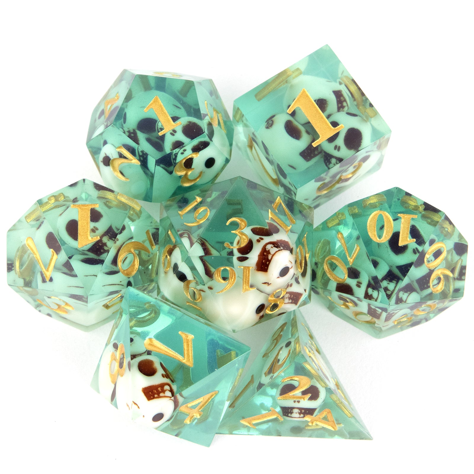 7pcs Green Skull Resin Golden Number Sharp Edge Dices for Role Playing