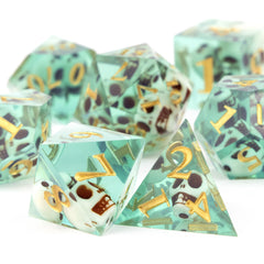 7pcs Green Skull Resin Golden Number Sharp Edge Dices for Role Playing