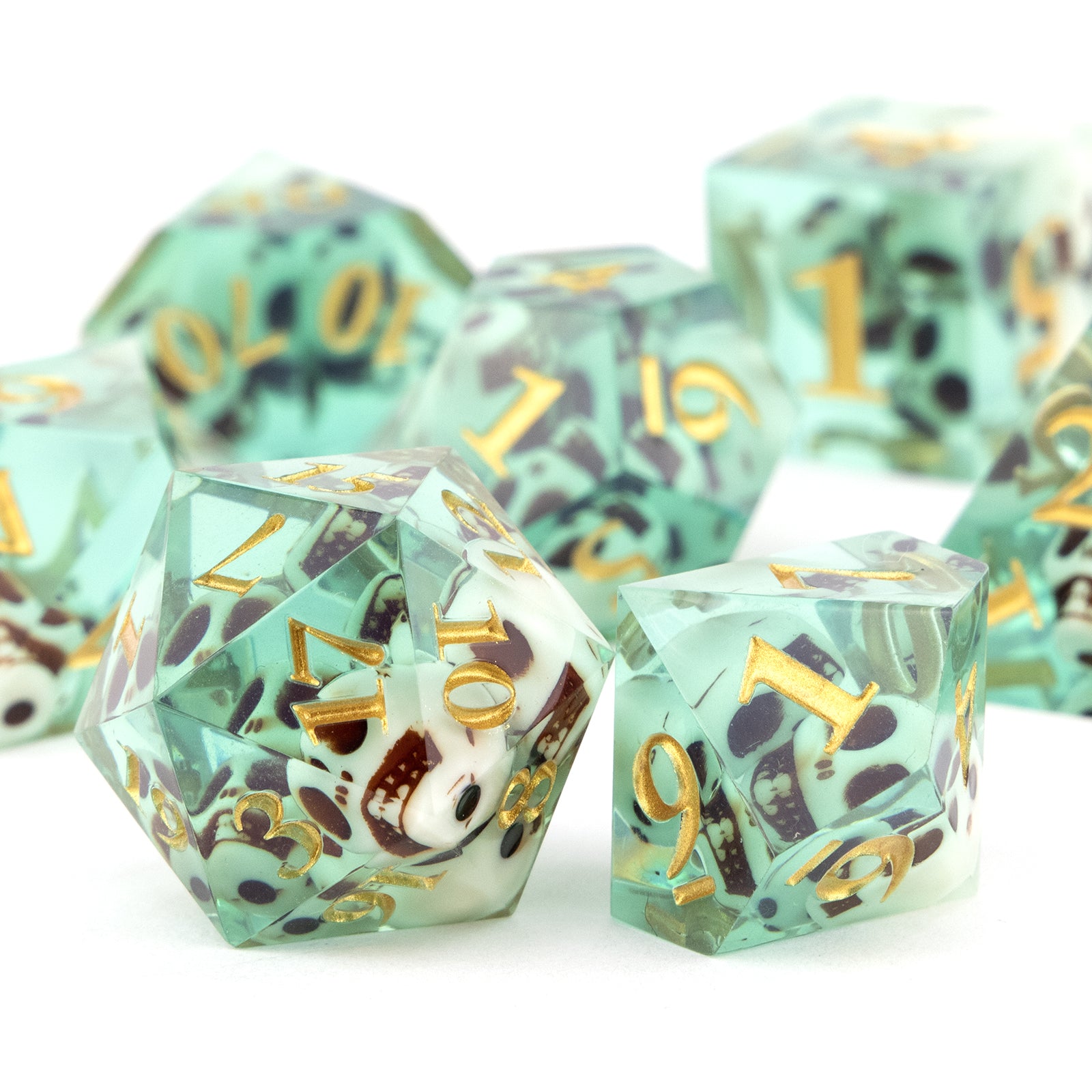 7pcs Green Skull Resin Golden Number Sharp Edge Dices for Role Playing