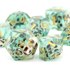 7pcs Green Skull Resin Golden Number Sharp Edge Dices for Role Playing
