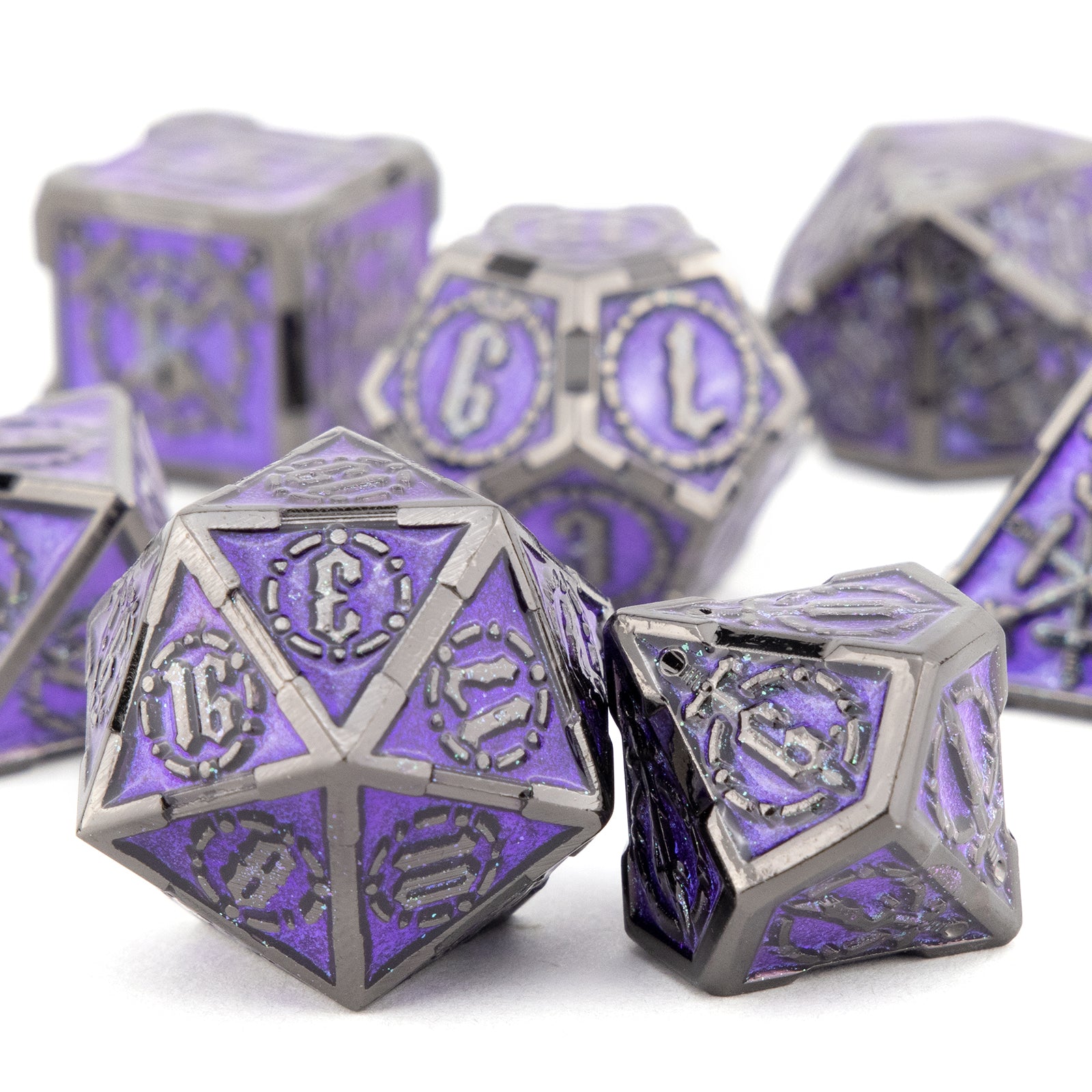 7pcs Purple Silvery Double Swords Metal Solid Polyhedral Dice Set