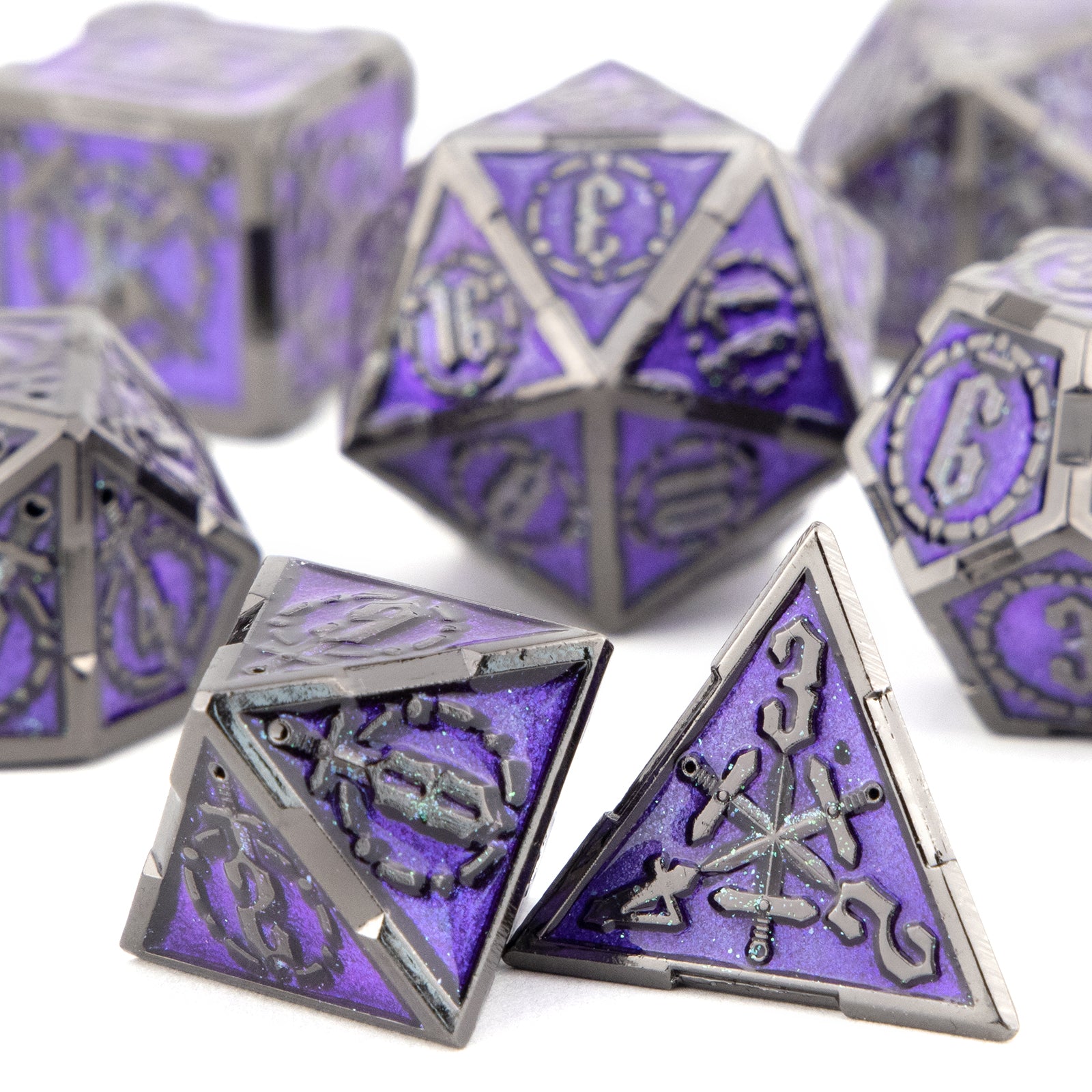 7pcs Purple Silvery Double Swords Metal Solid Polyhedral Dice Set