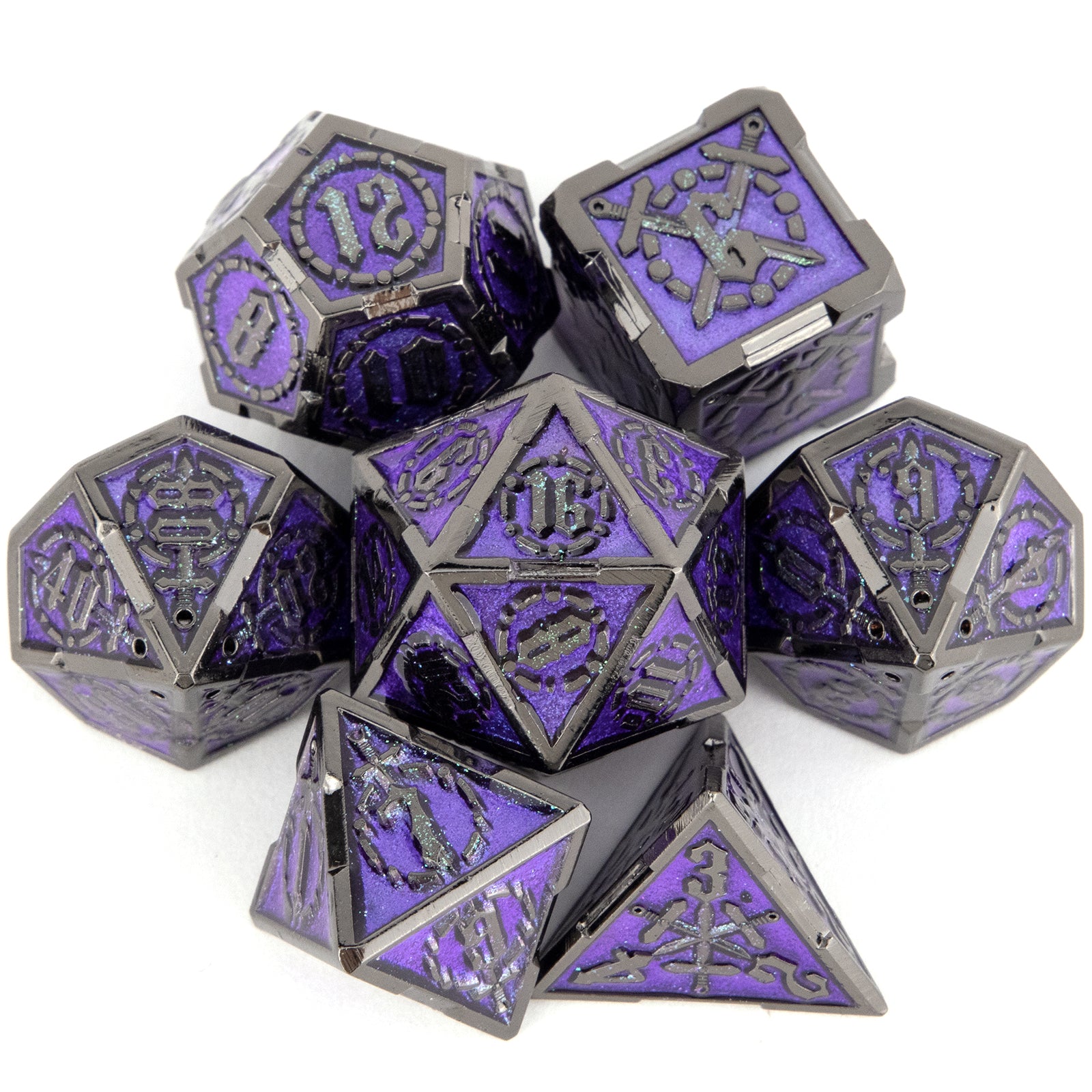 7pcs Purple Silvery Double Swords Metal Solid Polyhedral Dice Set