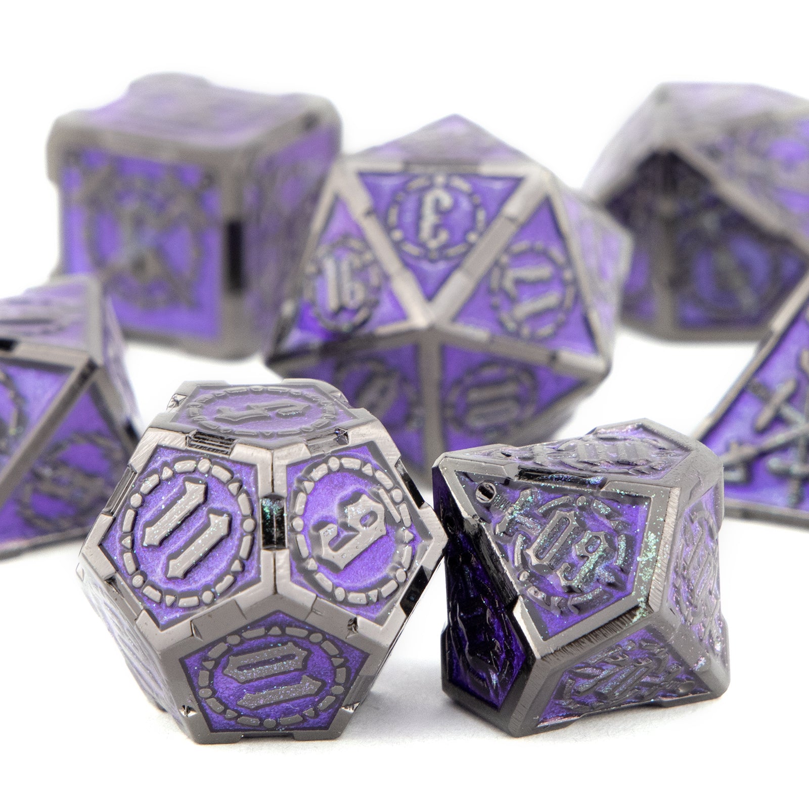7pcs Purple Silvery Double Swords Metal Solid Polyhedral Dice Set