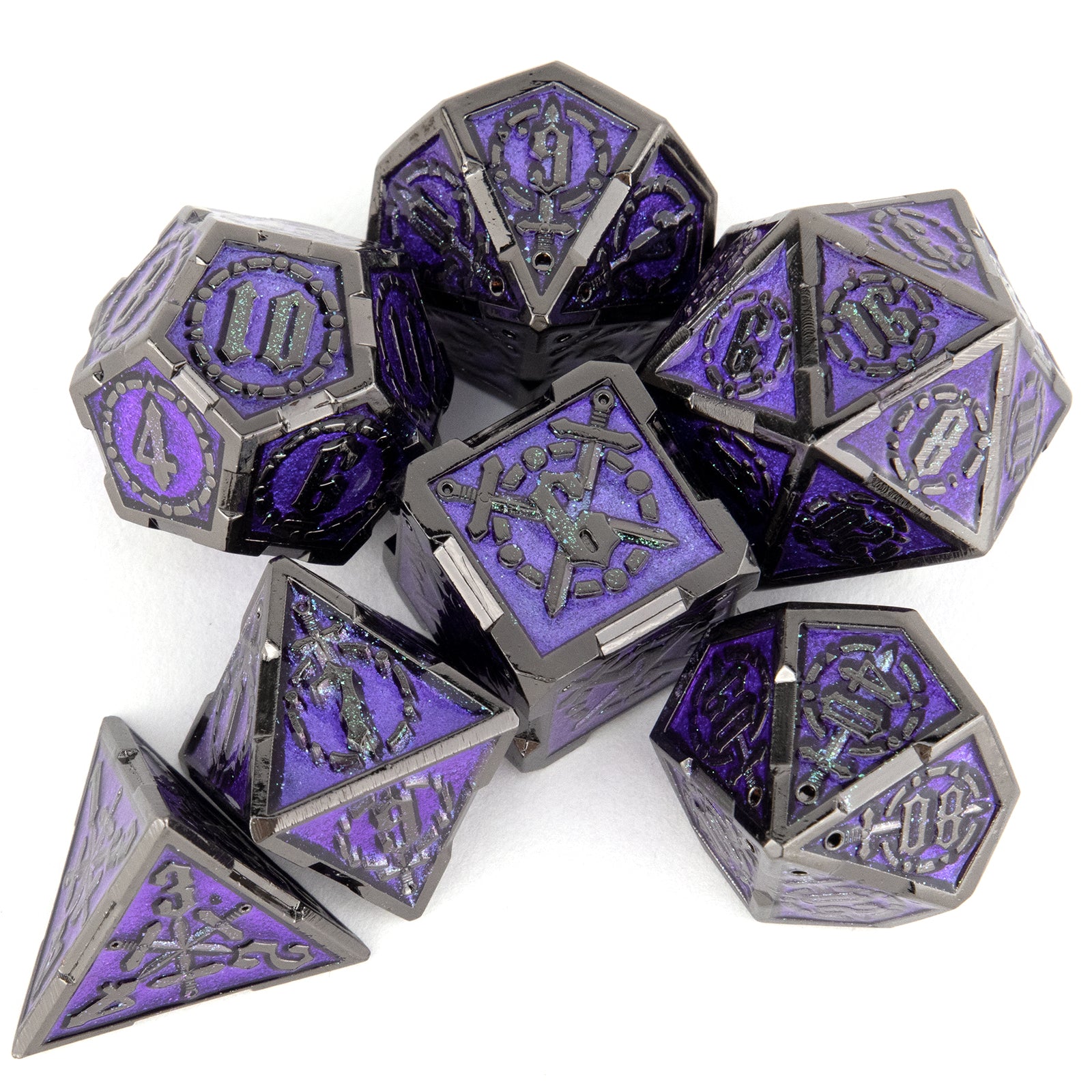 7pcs Purple Silvery Double Swords Metal Solid Polyhedral Dice Set