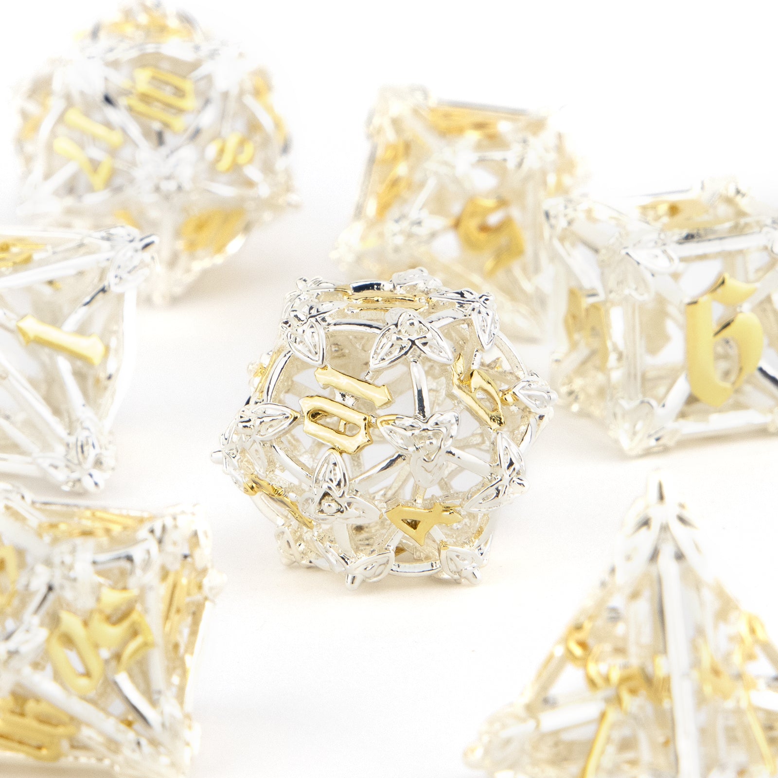 7pcs Yellow Leaf Flower Hollow Metal Dice Set for RPG Game