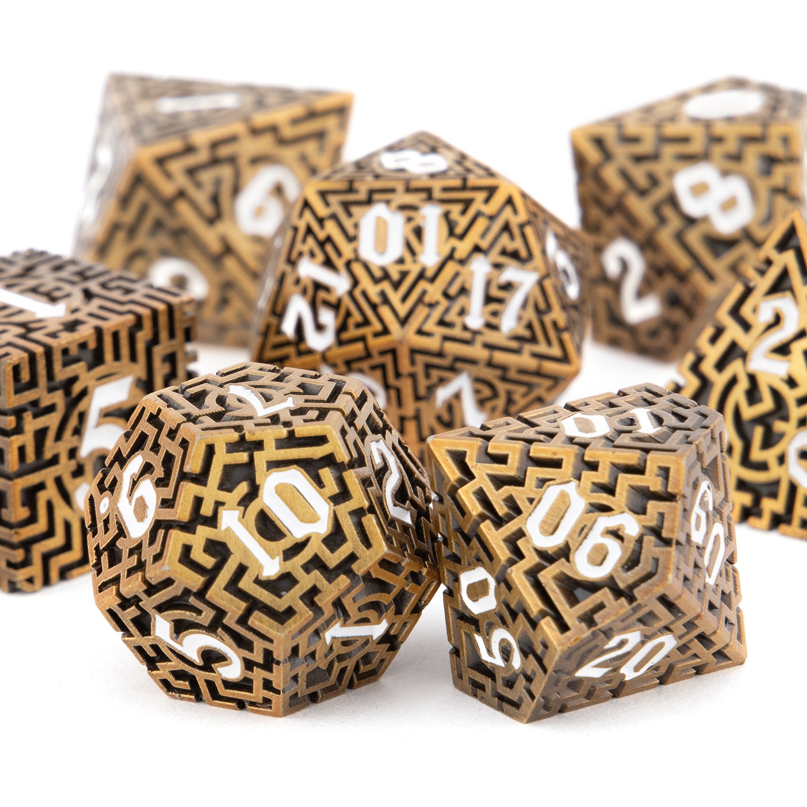 7pcs Copper Metal Dices Maze Hollow Metal Polyhedral Dice Set