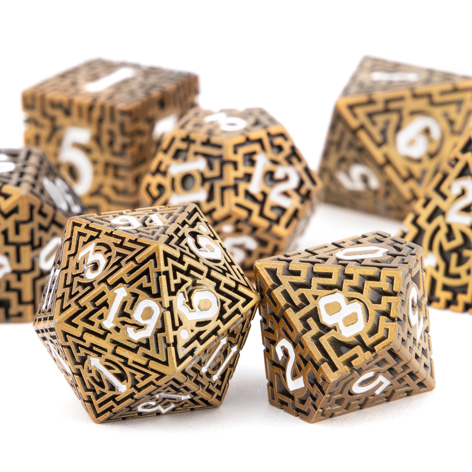 7pcs Copper Metal Dices Maze Hollow Metal Polyhedral Dice Set