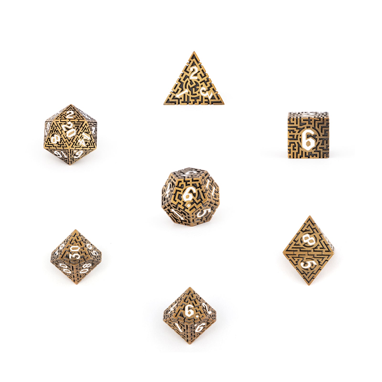 7pcs Copper Metal Dices Maze Hollow Metal Polyhedral Dice Set