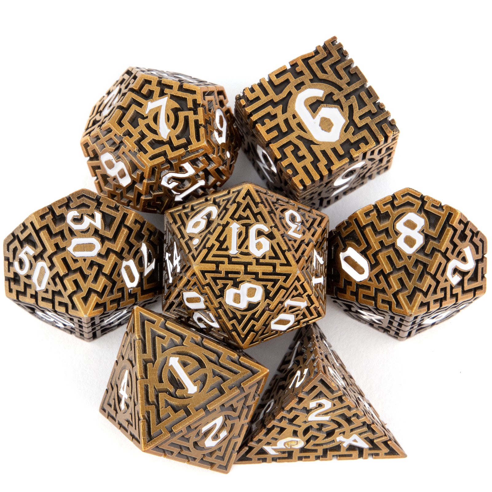 7pcs Copper Metal Dices Maze Hollow Metal Polyhedral Dice Set