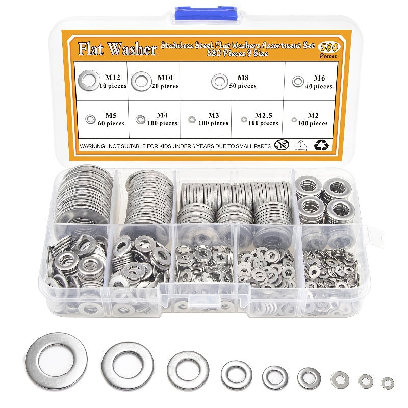304 Stainless Steel Flat Washers Set 580pcs 9 Sizes