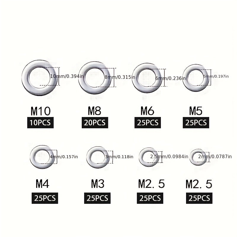304 Stainless Steel Flat Washers Set 580pcs 9 Sizes