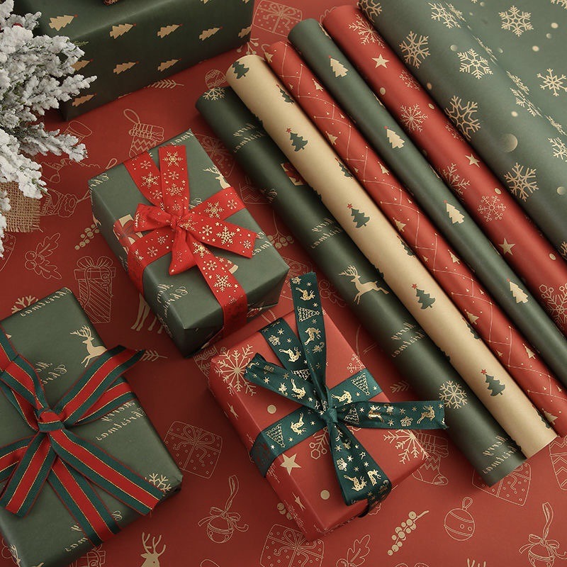 7pcs Christmas Wrapping Paper Vintage Red Green Snowflake Tree Deer 50x73