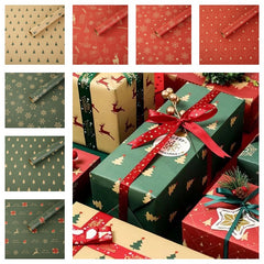 7pcs Christmas Wrapping Paper Vintage Red Green Snowflake Tree Deer 50x73