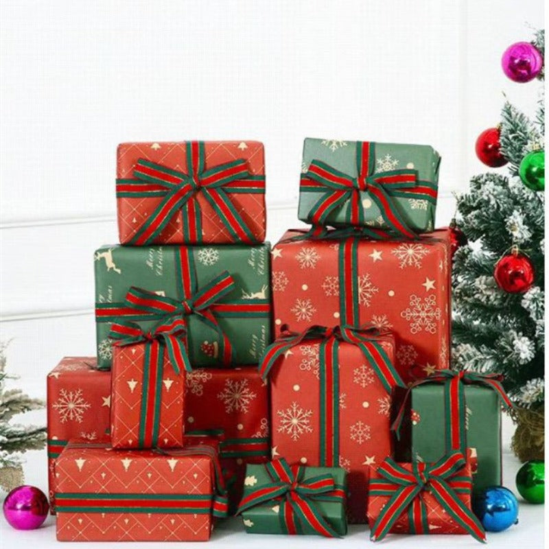 7pcs Christmas Wrapping Paper Vintage Red Green Snowflake Tree Deer 50x73