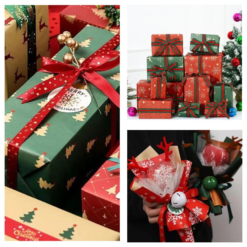 7pcs Christmas Wrapping Paper Vintage Red Green Snowflake Tree Deer 50x73
