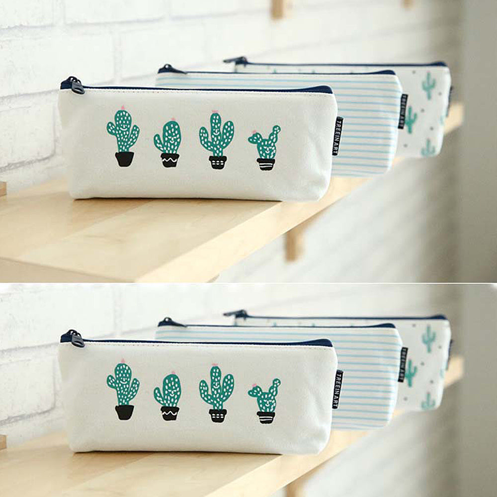 Cactus Pattern Canvas Pencil Case Cosmetic Bag Big Capacity 1 Pack