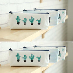 Cactus Pattern Canvas Pencil Case Cosmetic Bag Big Capacity 1 Pack