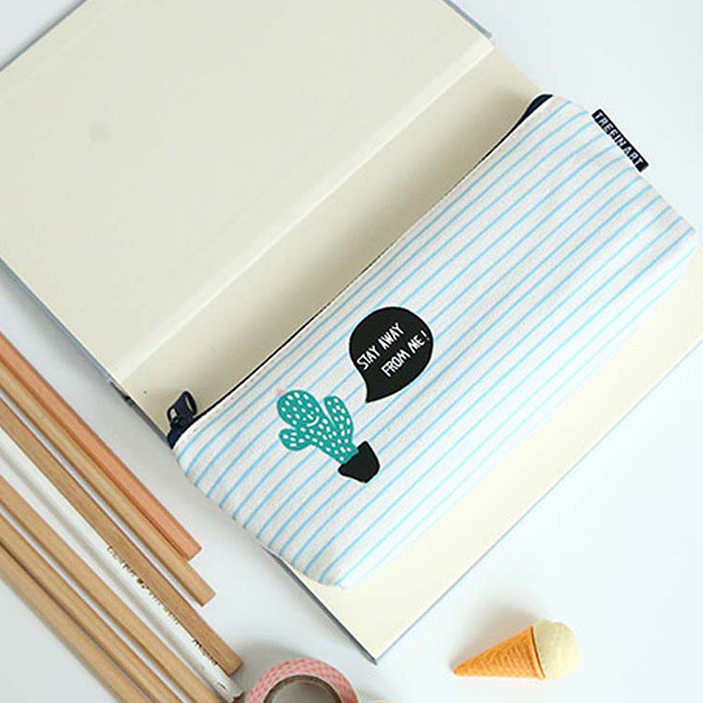 Cactus Pattern Canvas Pencil Case Cosmetic Bag Big Capacity 1 Pack