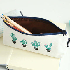 Cactus Pattern Canvas Pencil Case Cosmetic Bag Big Capacity 1 Pack