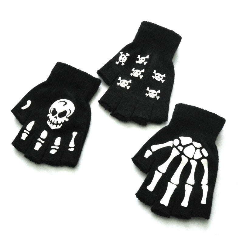 Skull Gloves Winter Knitted Touch Screen Night Luminous Fingerless Glo