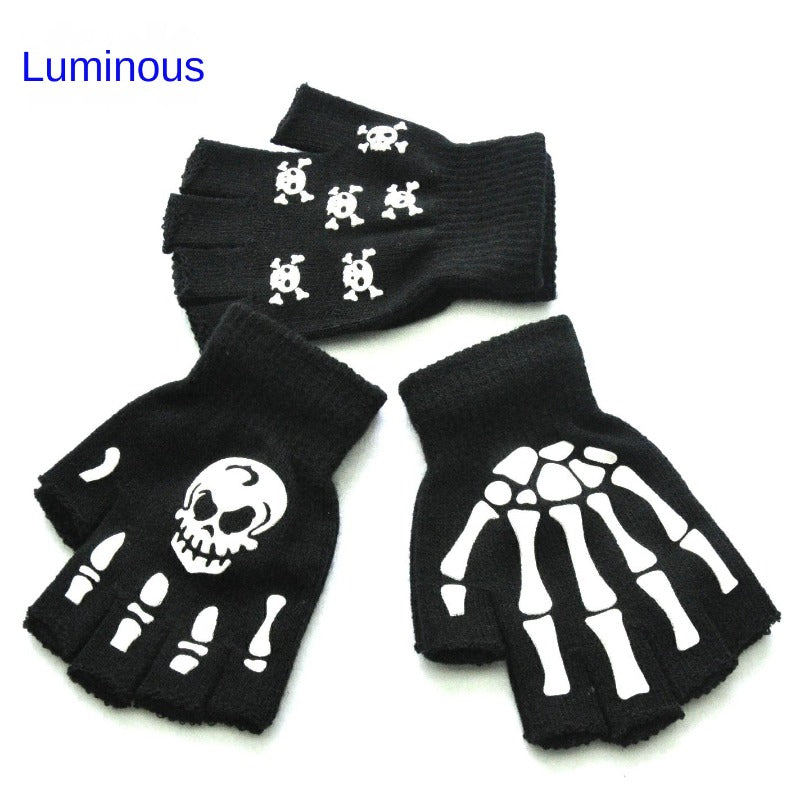 Skull Gloves Winter Knitted Touch Screen Night Luminous Fingerless Glo