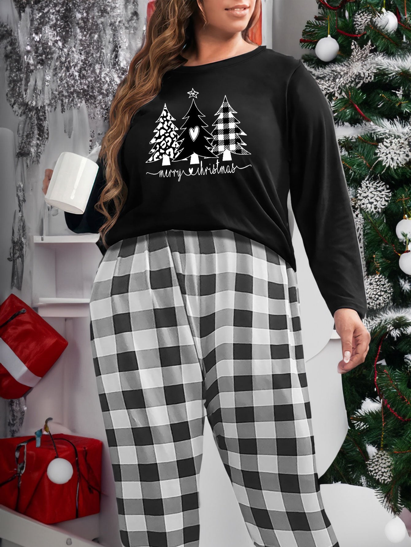 Christmas Loungewear Set Leopard Print T-shirt & Plaid
