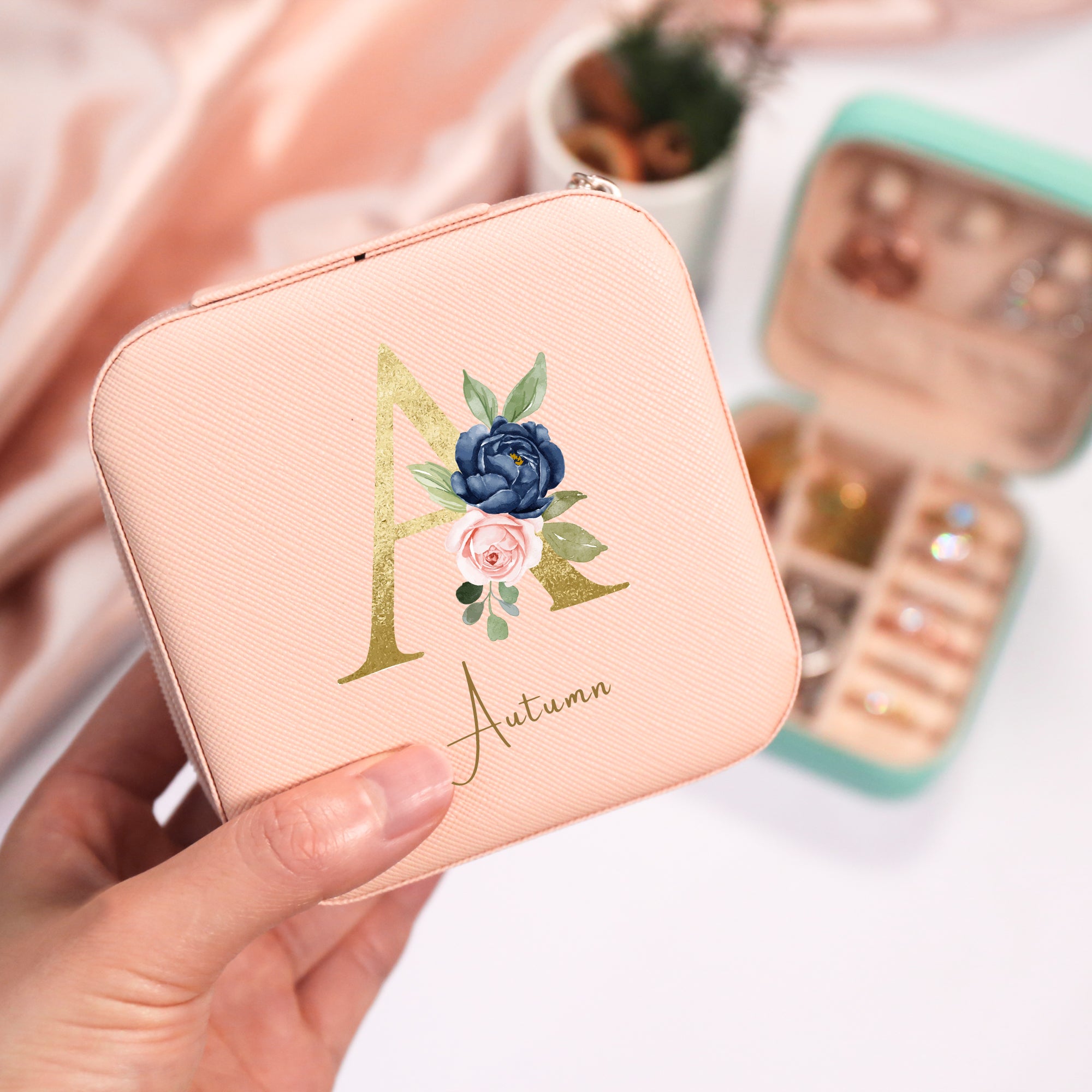 Custom Leather Travel Jewelry Box Mini Floral Personalized Gift For Her