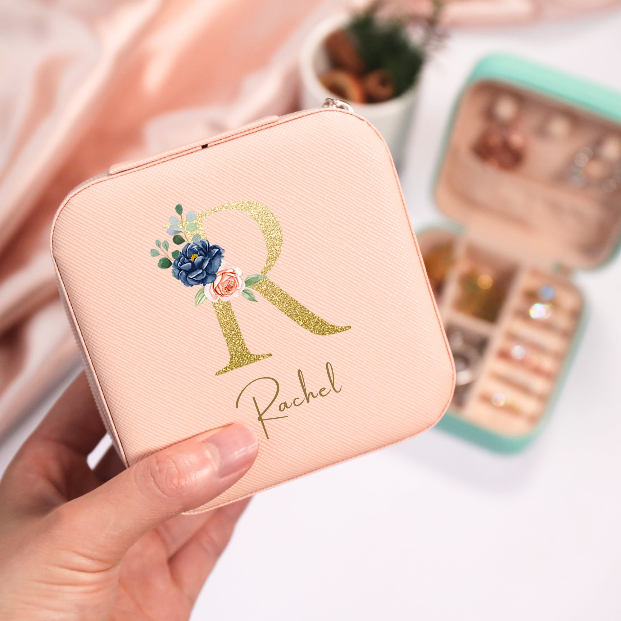Custom Leather Travel Jewelry Box Mini Floral Personalized Gift For Her
