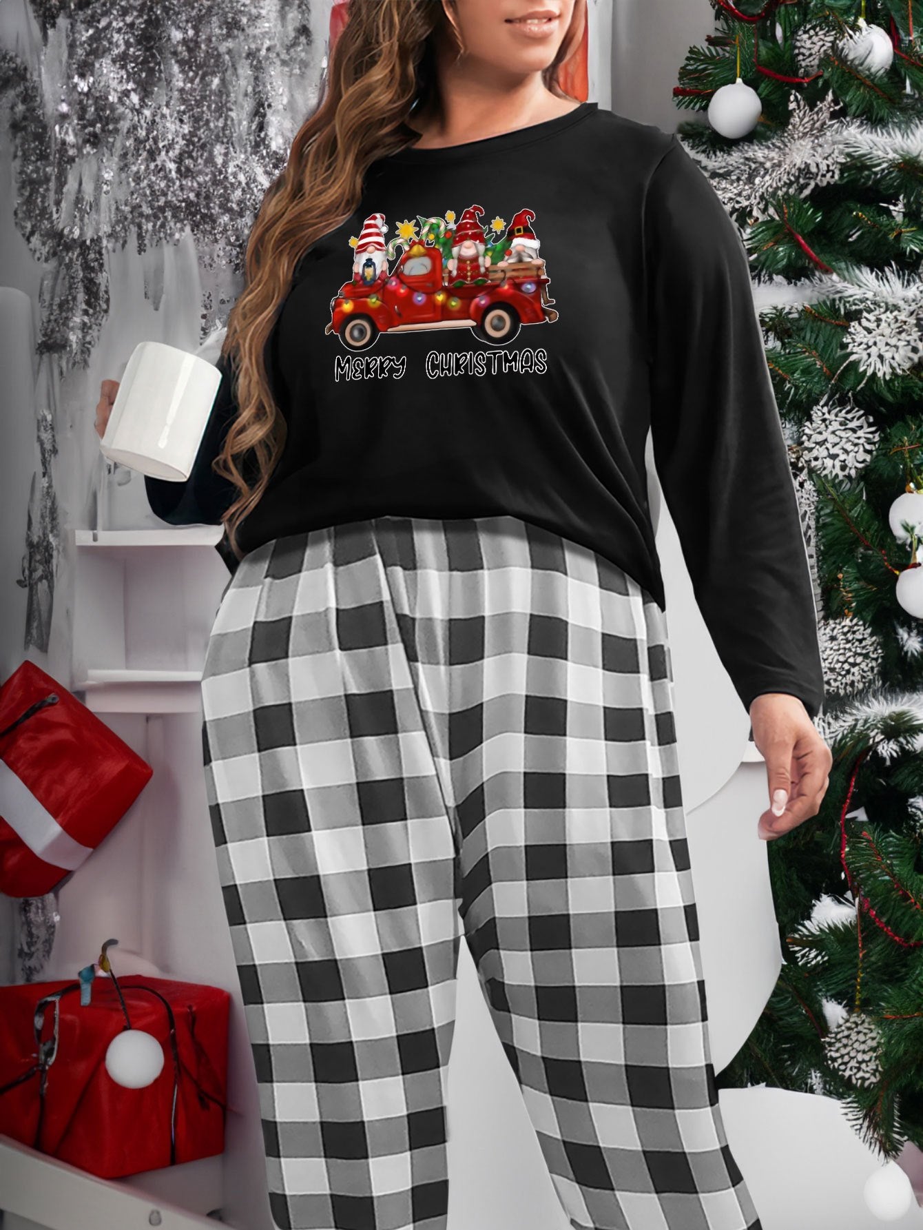 Christmas Lounge Set Gnomes & Truck Print Tee & Plaid Pants Pajamas